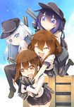  :&lt; akatsuki_(kantai_collection) anchor_symbol black_legwear blue_eyes brown_eyes brown_hair day flat_cap folded_ponytail hat hibiki_(kantai_collection) ikazuchi_(kantai_collection) inazuma_(kantai_collection) kantai_collection looking_at_viewer multiple_girls open_mouth pantyhose purple_eyes purple_hair school_uniform serafuku sky smile sts torpedo turret when_you_see_it white_hair 