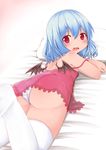  ass babydoll bat_wings blue_hair blush fang from_behind leg_up looking_at_viewer looking_back lying nyt_(nagane) on_stomach open_mouth panties pillow pink_eyes remilia_scarlet solo strap_slip thighhighs touhou underwear white_legwear white_panties wings 