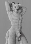  animal_genitalia anthro armpits balls biceps black_penis canine canine_penis greyscale half-erect hands_behind_head horn looking_at_viewer male mammal monochrome muscles navel nude pecs penis penis_tip pose sheath smile solo virtyalfobo white_eyes wolf 