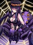  1girl arachne black_hair breasts cleavage gloves hat insect_girl large_breasts long_hair megane_man monster_girl red_eyes solo spider_girl spider_web web 