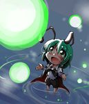  :d antennae blush cape chibi collared_shirt fireflies green_eyes green_hair happy highres open_mouth shinapuu shirt short_hair shorts smile solo standing tareme touhou wading water wriggle_nightbug 