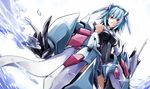  bibi blue_hair breasts dutch_angle headgear holding infinite_stratos mecha_musume medium_breasts mysterious_lady open_mouth pointing red_eyes sarashiki_tatenashi short_hair simple_background solo water white_background 