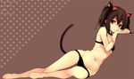  :o animal_ears arm_support barefoot black_bra black_hair black_panties blush bow bra brown_background cat_ears cat_tail copyright_name greek_toe hair_bow leaning legs lingerie looking_at_viewer love_live! love_live!_school_idol_project march-bunny navel panties polka_dot polka_dot_background red_eyes short_hair sitting solo tail toes twintails underwear underwear_only yazawa_nico yokozuwari 