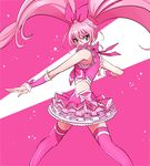  blue_eyes bow braid cure_melody eyelashes frilled_skirt frills hair_ornament hair_ribbon houjou_hibiki long_hair looking_at_viewer magical_girl midriff naokado pink pink_background pink_bow pink_hair pink_legwear pink_shirt pink_skirt pose precure ribbon shirt sketch skirt solo suite_precure thighhighs thighs twintails wrist_cuffs 