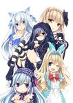  ;d alternate_costume animal_ears animal_hood aqua_hair black_gloves blonde_hair bow breasts brown_hair bunny_hood choker effole_(fairy_fencer_f) eyepatch fairy_fencer_f gloves hair_ornament hairband hands_on_own_chest hood jitome kaguyuu karin_(fairy_fencer_f) lolita_hairband long_hair mariano_(fairy_fencer_f) medium_breasts multiple_girls navel one_eye_closed open_mouth parted_lips pleated_skirt purple_hair rolo_(fairy_fencer_f) silver_hair simple_background skirt small_breasts smile striped striped_legwear thighhighs tiara_(fairy_fencer_f) white_background wrist_cuffs 