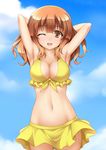  armpits arms_behind_head arms_up bikini blush breasts brown_eyes brown_hair cleavage day girls_und_panzer highres large_breasts long_hair one_eye_closed open_mouth outdoors roura skirt sky smile solo swimsuit takebe_saori yellow_bikini 