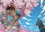  blue_hair cherry_blossoms flower kagami_taiga kiss kuroko_no_basuke kuroko_tetsuya male_focus multiple_boys red_hair tree yaoi zawar379 
