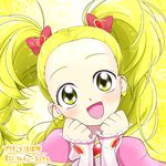  :d blonde_hair bow character_name earrings futari_wa_precure futari_wa_precure_max_heart hair_bow jewelry kujou_hikari long_hair magical_girl md5_mismatch open_mouth precure shiny_luminous smile solo twintails yellow_background yellow_eyes yoshimune 