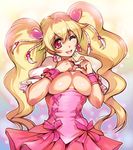  blonde_hair bow breasts breasts_outside convenient_arm cure_peach fresh_precure! hair_ornament heart heart_hair_ornament heart_hands hisahiko large_breasts long_hair looking_at_viewer magical_girl momozono_love one_eye_closed pink_bow pink_eyes precure revision smile solo twintails 