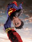  belt black_hair blue_eyes bodysuit dc_comics flying gloves kon-el kon_el male male_focus red_gloves ricken s_shield sky solo superboy superman_(series) undercut 