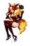  animal_ears ass bangs blush boots breasts cleavage crossed_legs dome_fossil dress elbow_gloves flareon full_body fur fur_trim gen_1_pokemon gloves highres large_breasts looking_at_viewer multicolored_hair na_young_lee personification pokemon red_dress red_eyes red_gloves red_legwear shadow shoes sidelocks simple_background smile solo tail thigh_boots thighhighs twitch_plays_pokemon white_background 
