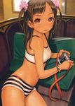  :p bare_shoulders boyshorts bra bracelet breasts brown_hair camera copyright_request cowboy_shot hair_ornament highres jewelry long_hair looking_at_viewer lying midriff murata_renji navel on_side purple_eyes reclining scan small_breasts solo striped_boyshorts tongue tongue_out training_bra two_side_up underwear white_bra wristband 
