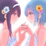  2girls akemi_homura alternate_hairstyle black_hair blue_eyes blue_hair commentary_request dress eye_contact flower hair_flower hair_ornament hair_up hairband jewelry long_hair looking_at_another mahou_shoujo_madoka_magica miki_sayaka multiple_girls purple_eyes putting_on_jewelry ring short_hair simple_background smile wedding wedding_dress white_background white_dress wife_and_wife yuri 
