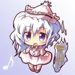  chibi hat instrument looking_at_viewer lowres merlin_prismriver musical_note open_mouth purple_eyes purple_hair ryogo solo touhou trumpet 