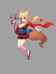  absurdres animal_ears blonde_hair breasts cleavage fkey fox_ears fox_tail green_eyes highres japanese_clothes large_breasts long_hair low-tied_long_hair original slingshot solo tail very_long_hair 