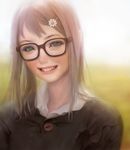  face glasses green_eyes grin hair_ornament lips looking_at_viewer mujiha original realistic smile solo upper_body 