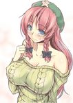  alternate_costume bare_shoulders blue_eyes bow braid breasts cleavage hair_bow hat highres hong_meiling kinntarou large_breasts long_hair looking_at_viewer red_hair ribbed_sweater sketch solo star sweater touhou twin_braids 