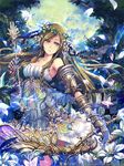  armor arrow bad_id bad_pixiv_id belt bow_(weapon) brown_hair bug butterfly copyright_name crescent dress flower full_moon gauntlets green_eyes hair_flower hair_ornament insect moon original petals seiten_ragnarok solo weapon yamadori_yoshitomo 
