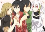  :d bad_id bad_pixiv_id bokumaru genderswap genderswap_(mtf) holding_hands jacket kagerou_project kano_shuuya kisaragi_shintarou konoha_(kagerou_project) multiple_girls open_mouth seto_kousuke smile track_jacket 