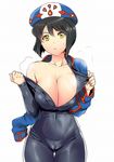  black_hair bodysuit breasts cameltoe chloe_valens cholesenel cleavage hat highres large_breasts off_shoulder shiny shiny_clothes short_hair skin_tight solo sweat tales_of_(series) tales_of_legendia undressing unzipped very_short_hair yellow_eyes 