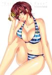  anchor_symbol bikini blue_bikini blush bottle breast_press breasts cleavage drink earrings green_eyes hair_between_eyes head_tilt highres holding jewelry knee_to_chest large_breasts lips looking_at_viewer lotion namaiki! navel necklace pendant red_hair scan short_hair sideboob sitting smile solo striped striped_bikini sunscreen swimsuit text_focus white_bikini yu_(bkks) 