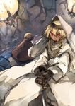  1girl armor bad_id bad_pixiv_id blonde_hair braid cape cloak cover cover_page from_behind hair_between_eyes hands_together hood long_hair looking_at_viewer ohima_(onorosi) pixiv_fantasia pixiv_fantasia_fallen_kings red_eyes side_braid sword weapon wide_sleeves 