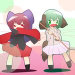  animal_ears bamboo_broom bow broom cape chibi dress green_eyes green_hair hair_bow hiyori_(higanahannnti) kasodani_kyouko long_sleeves looking_at_viewer multiple_girls open_mouth red_eyes red_hair sekibanki short_hair skirt smile tail touhou 