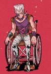  artificial_legs bandages belt choker earrings eyepatch grey_hair jean_pierre_polnareff jewelry jojo_no_kimyou_na_bouken male_focus red_background sahau228 sitting solo vento_aureo wheelchair wristband 