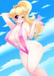  armpits bad_deviantart_id bad_id bare_shoulders blonde_hair blue_eyes breasts cleavage collarbone crown earrings heart huge_breasts jewelry long_hair mario_(series) pastelletta princess_peach signature slingshot_swimsuit solo super_mario_bros. swimsuit very_long_hair wide_hips 