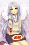  angel_beats! angel_wings bad_id bad_pixiv_id food kamaniki long_hair mapo_doufu school_uniform silver_hair spoon tenshi_(angel_beats!) wings yellow_eyes 