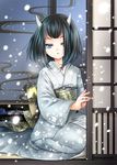  androgynous blue_eyes blue_hair horns japanese_clothes kimono kokutou_mimi male_focus oni original otoko_no_ko snow solo youkai 