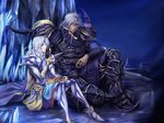  armor bad_id bad_pixiv_id black_armor blue_eyes boots box brothers cecil_harvey dissidia_final_fantasy final_fantasy final_fantasy_iv food full_armor full_body golbeza greaves grey_hair male_focus miyano_(homura-mk) multiple_boys pauldrons siblings sitting white_hair 