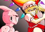  1girl black_sclera blonde_hair crazy_smile crossover crystal dragon_ball dragon_ball_z dress flandre_scarlet hat kaiteki_(gk428425) majin_buu pink_skin puffy_short_sleeves puffy_sleeves red_eyes shirtless short_sleeves side_ponytail touhou wings 