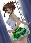  akizuki_ritsuko antenna_hair brown_eyes brown_hair glasses green_skirt hida_tatsuo idolmaster idolmaster_(classic) looking_at_viewer open_mouth plaid plaid_skirt short_hair skirt solo 