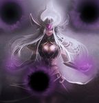  breasts cleavage cleavage_cutout elbow_gloves energy_ball forehead_jewel gloves helmet highres la_ciero_(pixiv) large_breasts league_of_legends long_hair pauldrons purple_eyes silver_hair solo syndra 