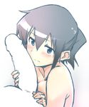  1boy 1girl black_hair blue_eyes blush breasts do_(taka) erection hidamari_sketch large_breasts nori nude penis penis_on_face profile short_hair simple_background solo 