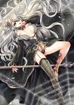  bare_shoulders black_lipstick breasts breasts_apart collar detached_sleeves eyepatch frills full_body grey_eyes hair_over_one_eye highres kokutou_mimi large_breasts lipstick long_hair makeup original pointy_ears single_thighhigh solo staff thighhighs very_long_hair white_hair 
