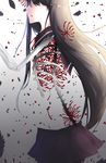 akemi_homura black_hair feathers flower homulilly long_hair magical_girl mahou_shoujo_madoka_magica mahou_shoujo_madoka_magica_movie ribs simple_background skeletal_arm skirt solo spider_lily spoilers tears white_background witch_(madoka_magica) 