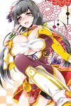  1girl armor black_hair black_panties blush breasts brown_eyes claws cleavage hair_ornament huge_breasts ii_naotora long_hair mole open_mouth panties sengoku_musou solo underboob underwear warrior 