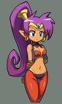  bandeau blue_eyes bracer breasts choker cleavage cowboy_shot cropped_legs dark_skin downscaled earrings forehead_jewel grey_background highres holding_arm hoop_earrings jewelry long_hair makoto_yabe md5_mismatch medium_breasts navel official_art pointy_ears ponytail purple_hair resized shantae_(character) shantae_(series) shantae_and_the_pirate's_curse simple_background solo tiara very_long_hair vest 