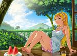  barefoot blonde_hair blue_eyes clouds dress original satou_oden summer tree watermelon 