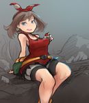  arceonn bandana bike_shorts blue_eyes breasts brown_hair fanny_pack fingerless_gloves gloves haruka_(pokemon) holding holding_poke_ball perky_breasts poke_ball pokemon pokemon_(game) pokemon_oras short_hair sitting sleeveless tank_top 