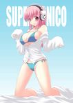  absurdres bikini blush breasts cameltoe cleavage dress_shirt headphones highres kneeling large_breasts long_hair looking_at_viewer nitroplus no_pants off_shoulder pink_eyes pink_hair shiny shiny_skin shirt side-tie_bikini smile solo srwsrx_(gp03dsrx) super_sonico swimsuit 