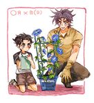  black_hair blush boots flower flower_pot gloves grandfather_and_grandson green_eyes jojo_no_kimyou_na_bouken joseph_joestar joseph_joestar_(young) kneeling kuujou_joutarou morning_glory multiple_boys notebook plant purple_eyes sahau228 short_hair smile squatting younger 