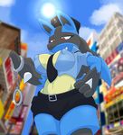  acstlu anthro big_breasts breasts clothing female fur handcuffs looking_down lucario nintendo pok&#233;mon pok&eacute;mon red_eyes shackles smile solo standing video_games 