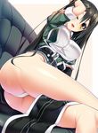  ;d arm_support arm_up ass black_gloves black_hair breasts chikuma_(kantai_collection) dragonmaterial elbow_gloves gloves hair_between_eyes hand_in_hair kantai_collection large_breasts long_hair one_eye_closed open_mouth panties pelvic_curtain remodel_(kantai_collection) shiny shiny_skin side_slit single_elbow_glove sitting smile solo underwear white_panties yellow_eyes 
