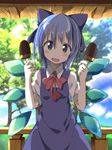  blue_dress blue_hair blue_sky blush bow cirno cloud commentary day dress food grey_eyes hair_bow head_tilt highres ice ice_wings looking_at_viewer open_mouth popsicle shirt short_sleeves sky smile solo tantan_men_(dragon) touhou tree wings 