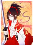  black_hair closed_eyes eyebrows floral_background highres horn konngara ponytail sword takatsuki_nato touhou touhou_(pc-98) weapon 
