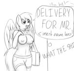  anthro anthrofied bag black_and_white breasts clothing derpy_hooves_(mlp) devs-iratvs dialog door english_text equine female friendship_is_magic hair mammal messenger_bag monochrome my_little_pony nipples pegasus shorts solo text wings 