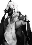  braid cape crossed_legs gloves hair_over_one_eye highres hood miyako3344 monochrome pixiv_fantasia pixiv_fantasia_fallen_kings red_eyes side_braid sitting solo spot_color sword weapon white_background 